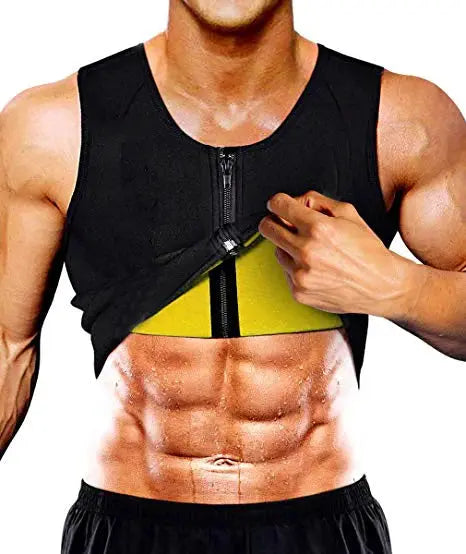 Men's black waist trainer sauna vest with front zipper and yellow waistband detail