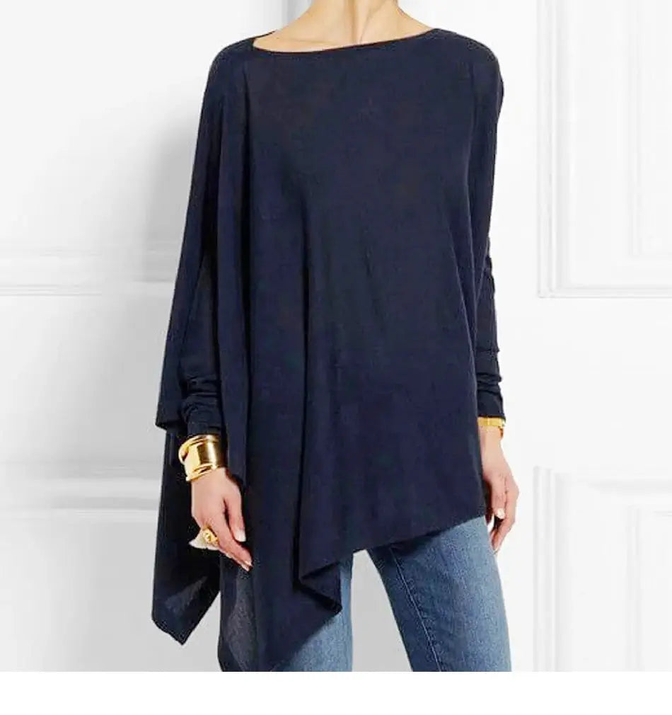 Cotton irregular women's navy blouse with asymmetrical hem, long sleeves, O-neck