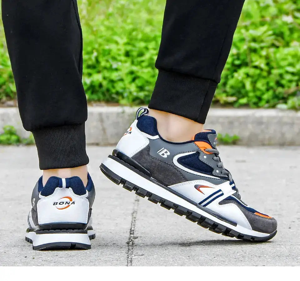 BONA action leather sport shoes for men in white, navy and gray with orange accents by Simples Market