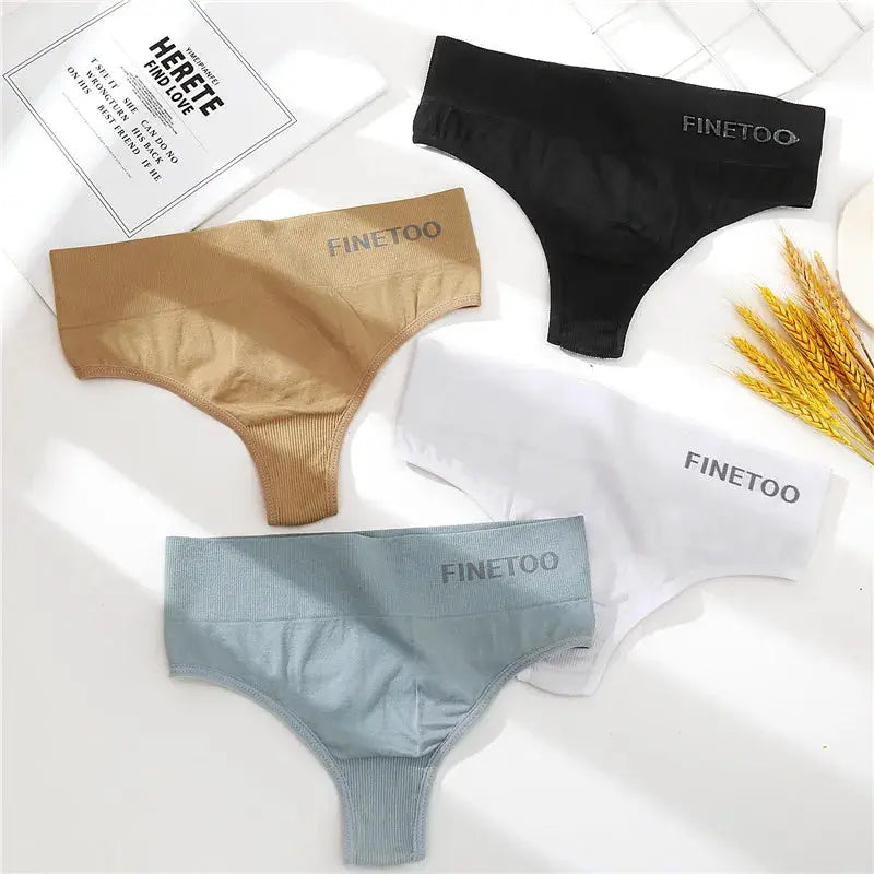 FINETOO four-pack thong underwear for women in black, beige, white, and blue-gray with logoed waistbands.