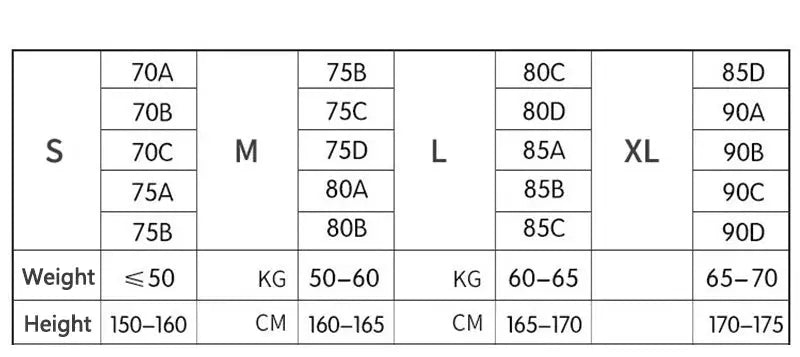 FINETOO soft wireless bra size chart for S–XL with weight and height ranges