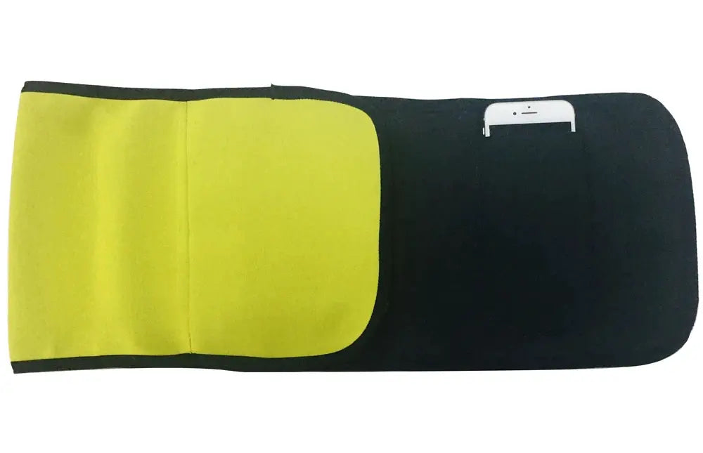 Waist trainer belt with neon yellow panel and black body, features a phone pocket for easy access during workouts