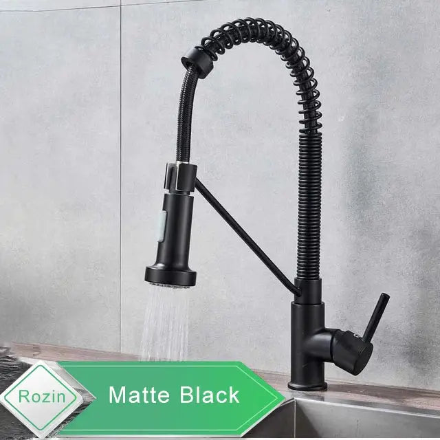 Rozin matte black deck-mounted kitchen faucet with spring gooseneck and pull-down spray, 360-degree rotation.