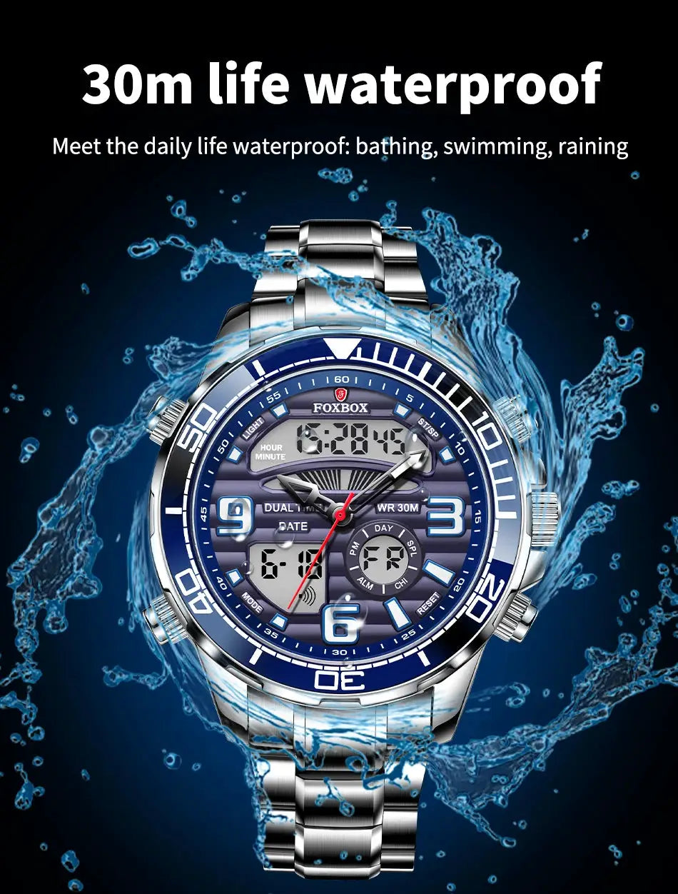 Foxbox men's stainless steel watch with blue dial, analog-digital display, 30m water resistant.