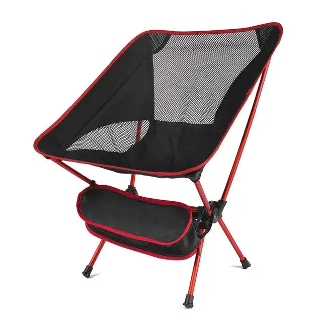 Simples Market folding camping chair, red frame with black fabric seat and under-seat storage pouch