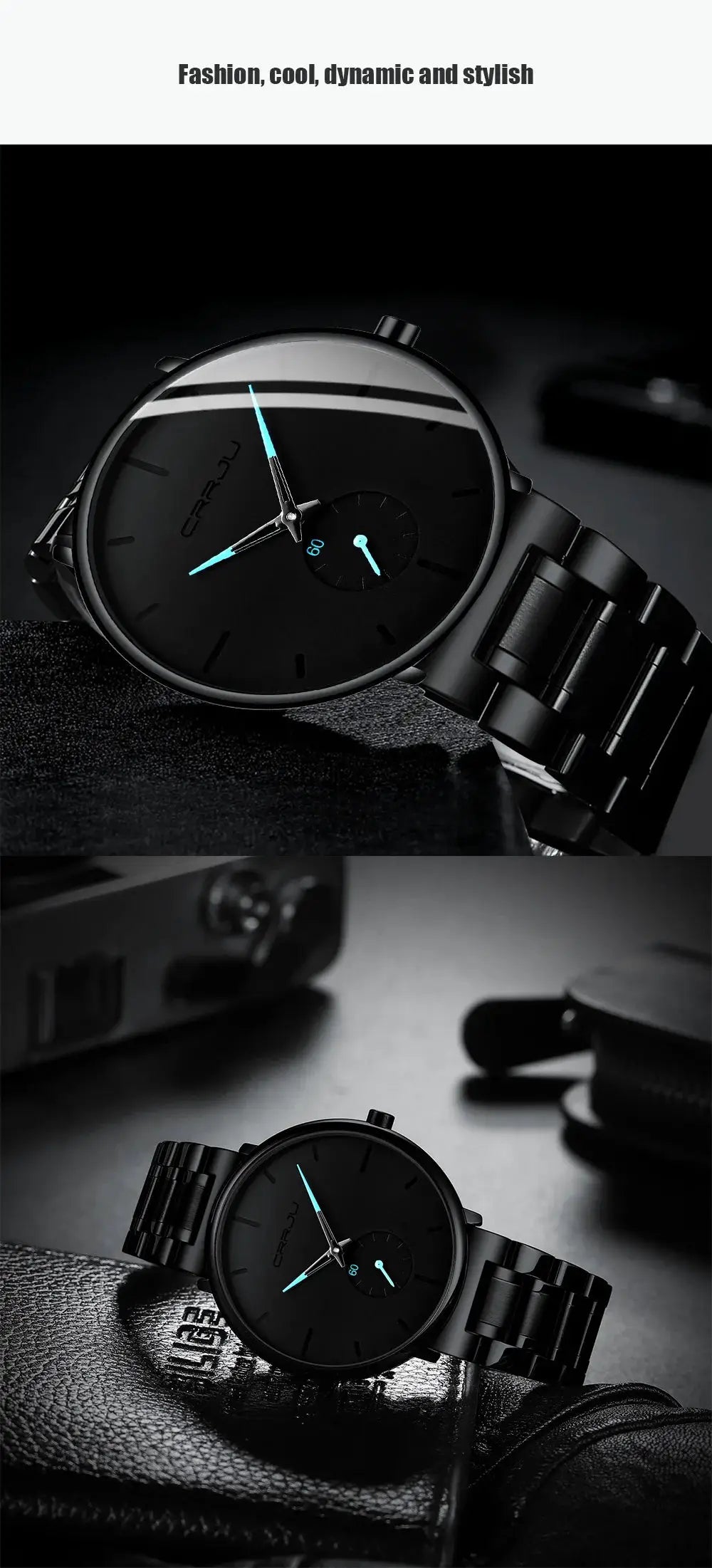CRRJU men's stainless steel wristwatch with black dial and blue hands