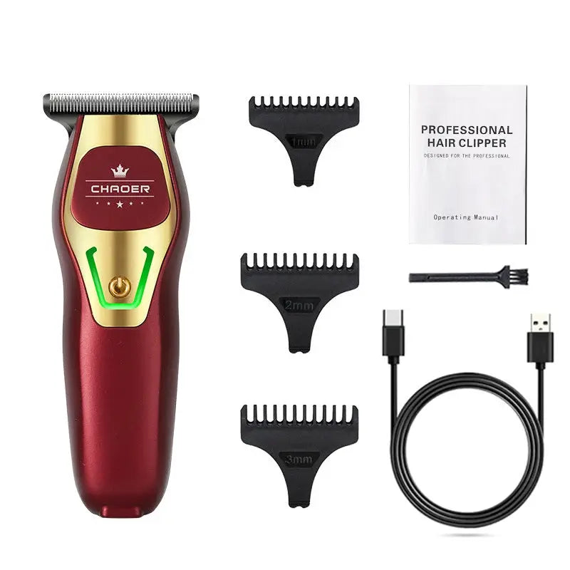 Professional red cordless hair trimmer with 3 guide combs (1mm-3mm), USB charging cable, cleaning brush, and manual — 7-piece set.