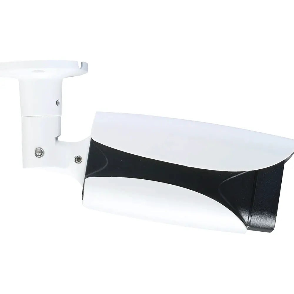 Outdoor bullet CCTV camera housing with white body and black accent mounted on a wall bracket