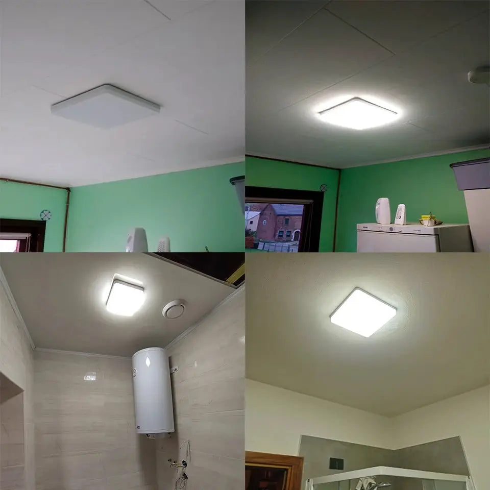 MARPOU Square LED Ceiling Lamp by Simples Market; shown in 4 views with neutral, warm, and cold white light.