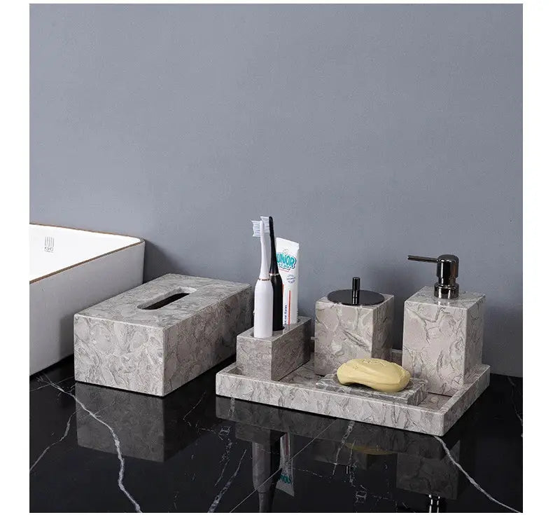 Simples Market marble bathroom set of 5 with soap dispenser, toothbrush holder, cup, soap dish and cotton swab can.