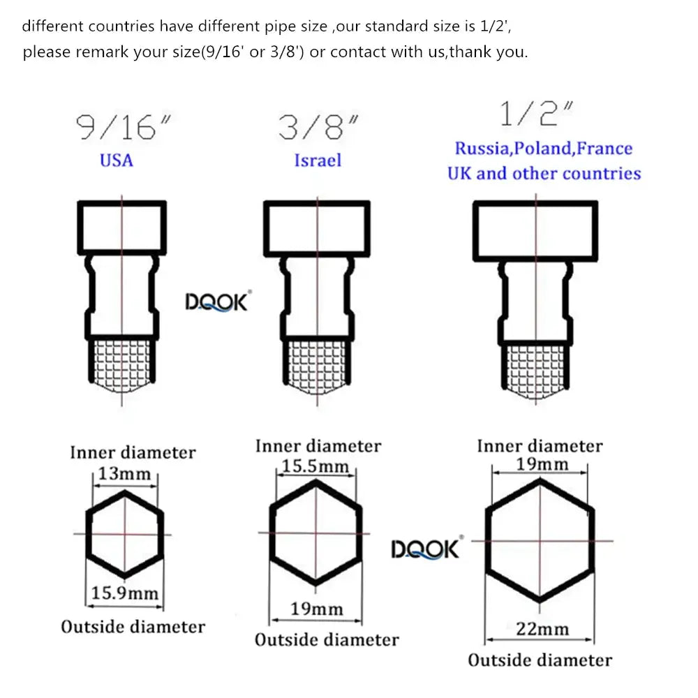 DQOK pull-out kitchen faucet diagram showing thread sizes 9/16, 3/8, 1/2 and inner/outer diameters for installation
