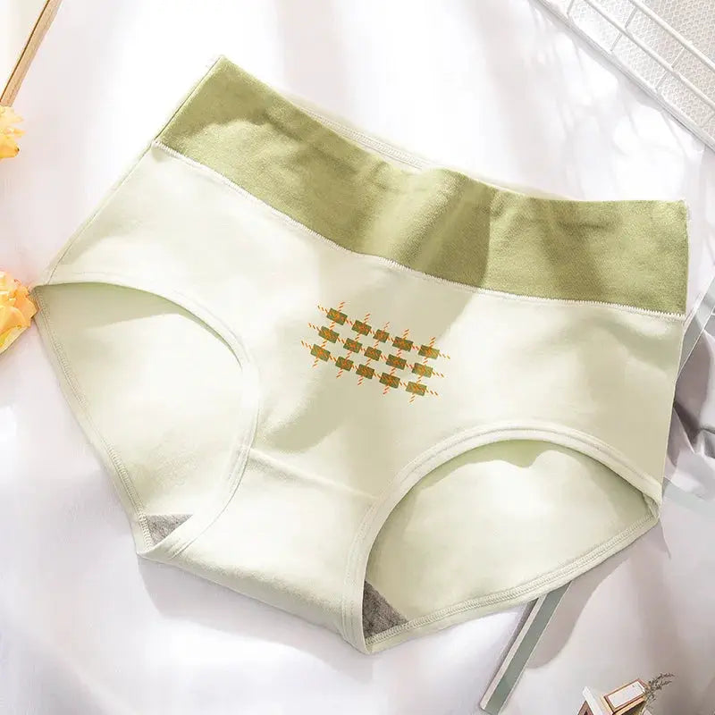 Women's cotton high-waist briefs in pale green with beige waistband and small front embroidery motif