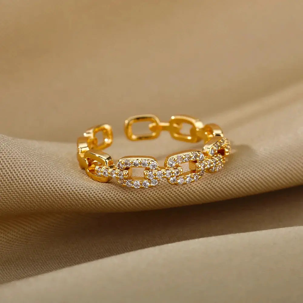 Classic Zircon Twist Chain Rings For Women Stainless Steel With 18K Gold Plating Wedding Jewelry Gift Free Shipping