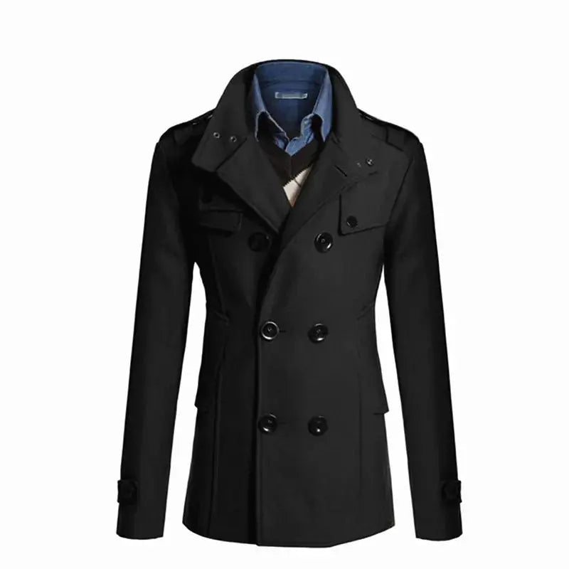 Men's black wool overcoat, double-breasted long coat with lapels for smart casual wear