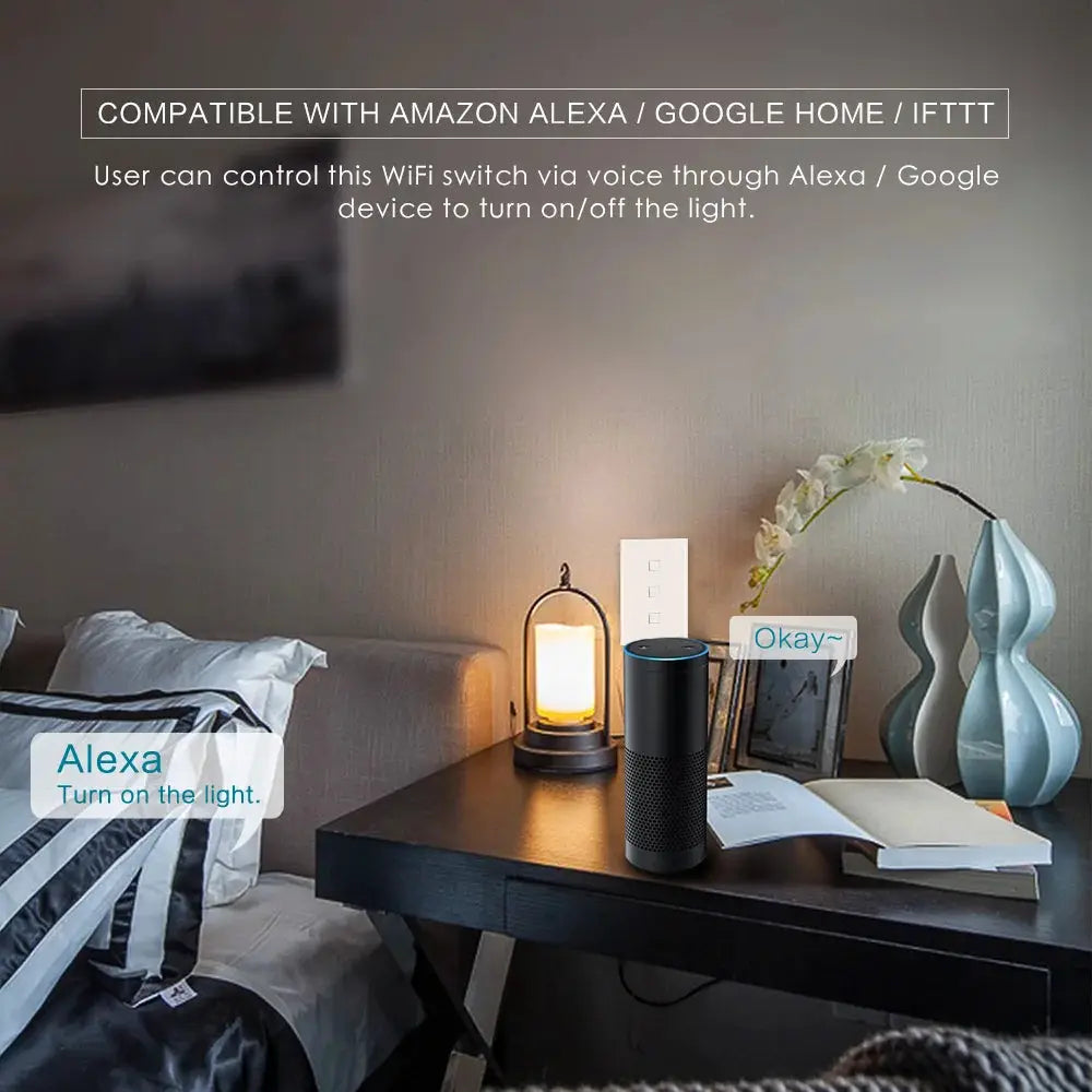Simples Market WIFI smart garage gate switch, black compact module on a desk beside Alexa speaker