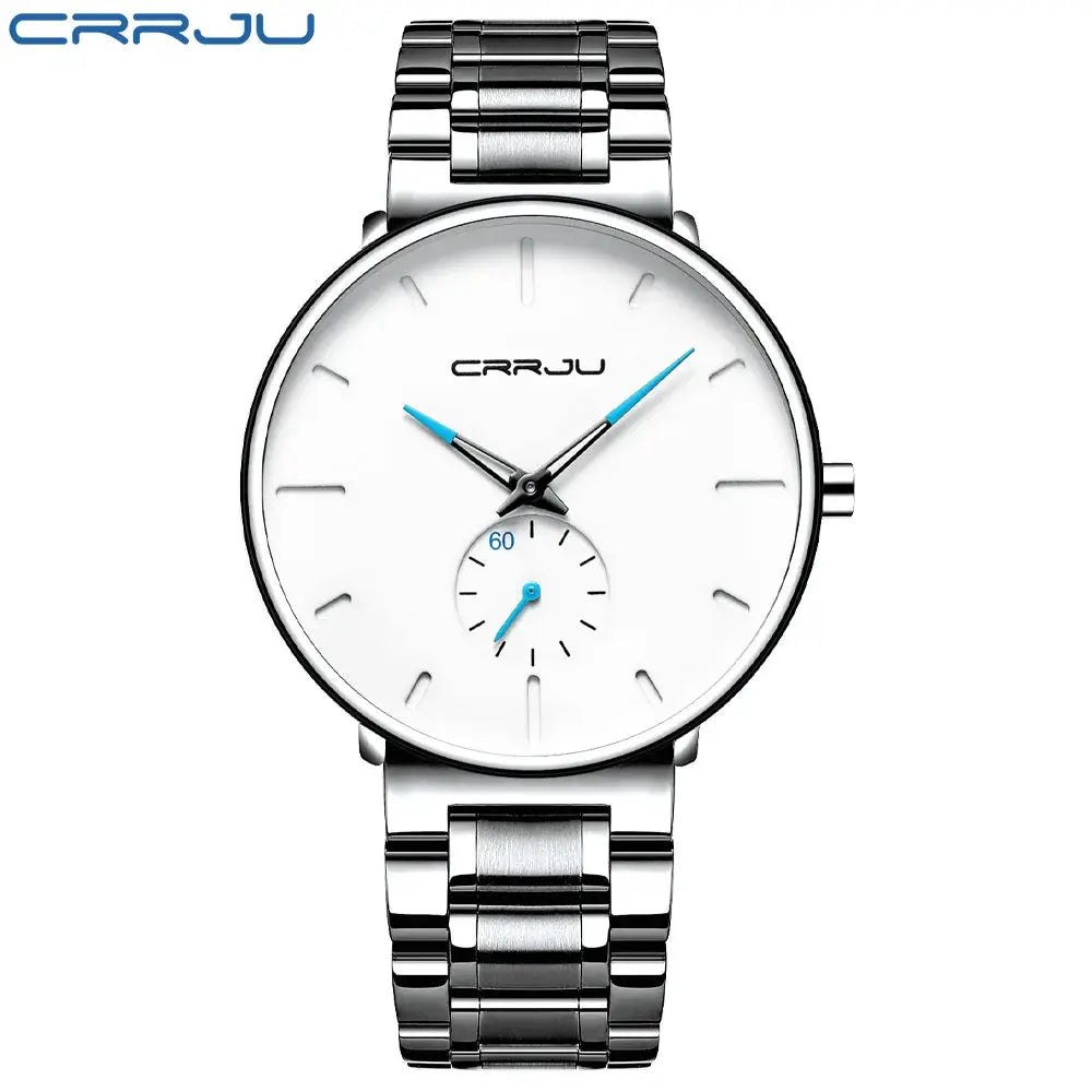 CRRJU men's stainless steel wristwatch with white dial, blue hands and polished link bracelet