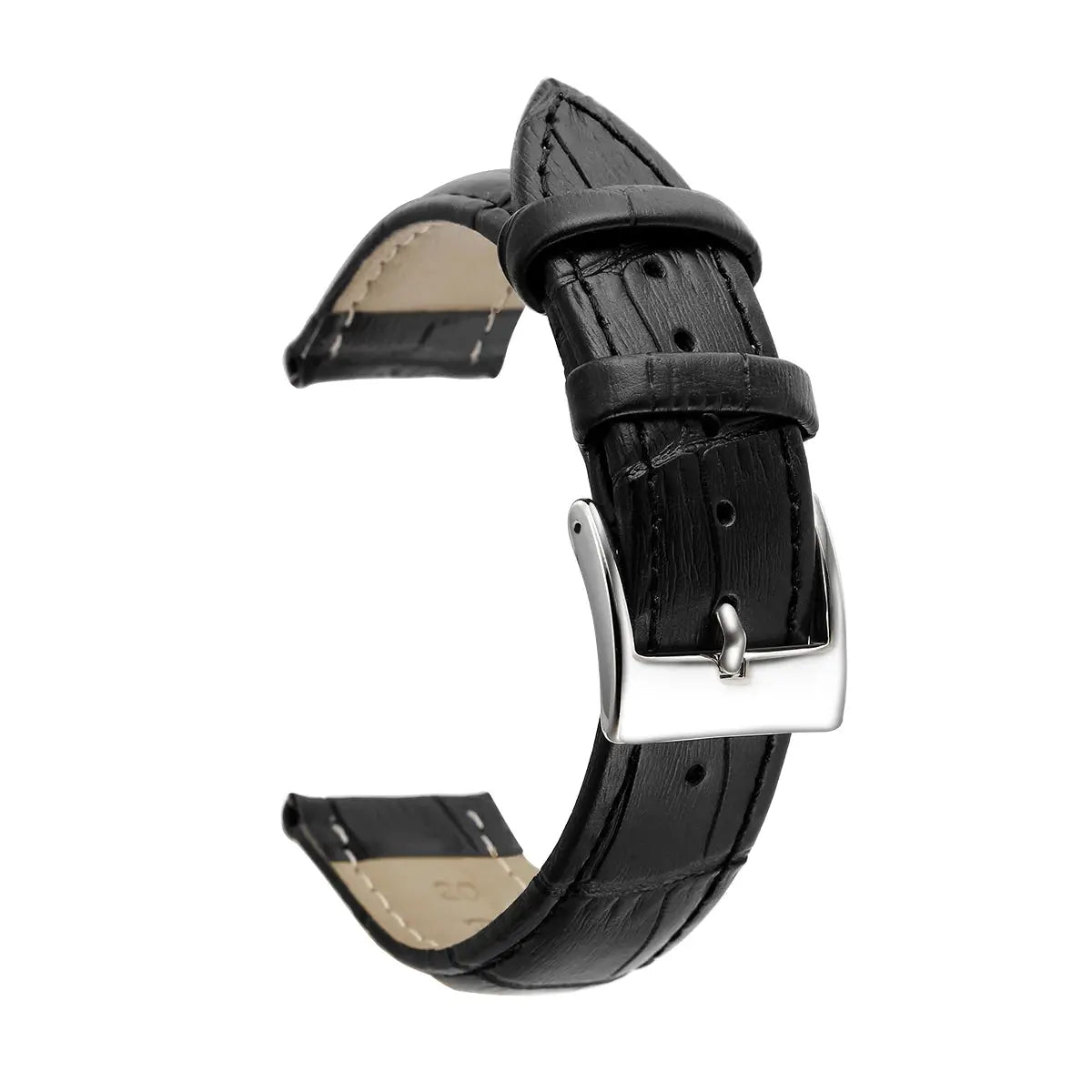 Simples Market black genuine leather watch strap with silver buckle; stitched edges, tan lining.
