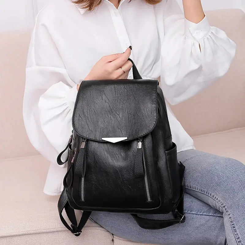 Yogodlns black PU leather luxury backpack for women with double zippers and top handle