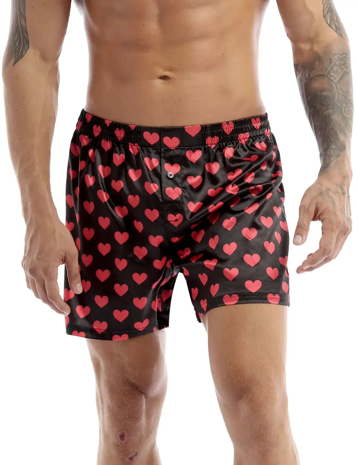 Simples Market men's black boxer shorts with red heart print, lightweight loose beachwear
