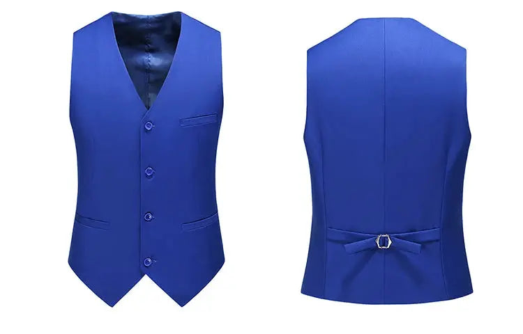 Royal blue men's vest waistcoat, slim-fit V-neck with four-button front and back bow-buckle.