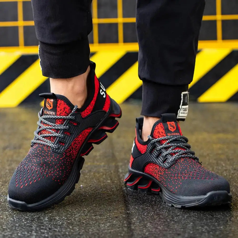 SUADEX safety shoes pair, black and red, lightweight steel-toe work boots.