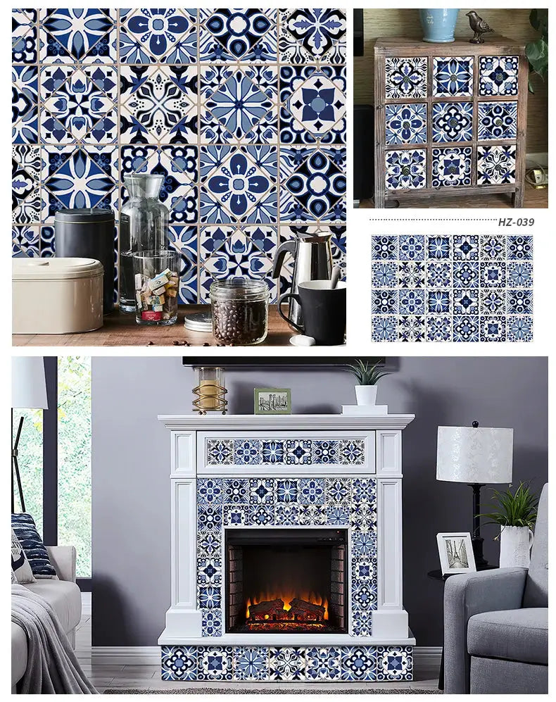 Tile sticker set 24pcs by Simples Market; blue and white self-adhesive waterproof wall decals