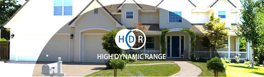 SIMICAM 4K PoE camera by Simples Market; HDR logo over a suburban house exterior.