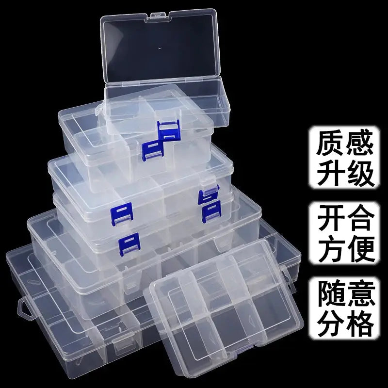 10-slot clear plastic jewelry and parts storage box by Simples Market with blue latches