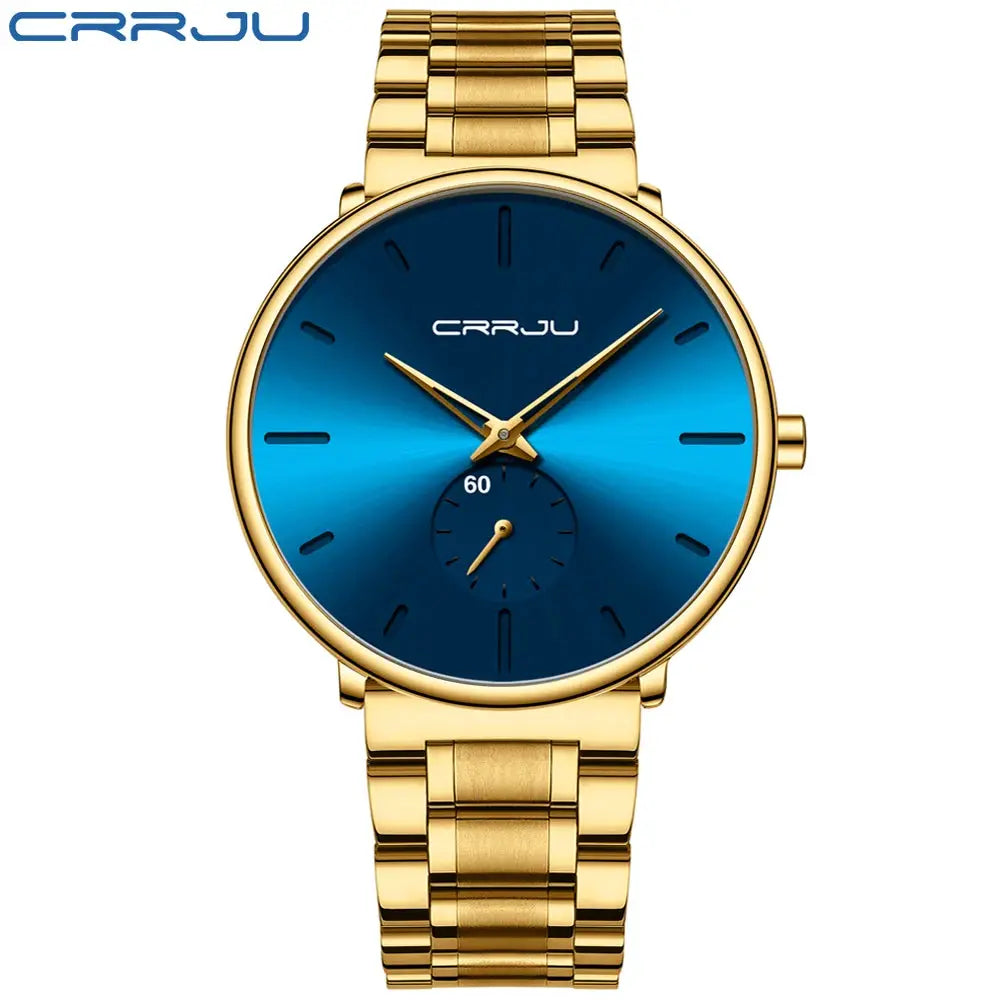 CRRJU men's wristwatch, gold-tone stainless steel with blue gradient dial.