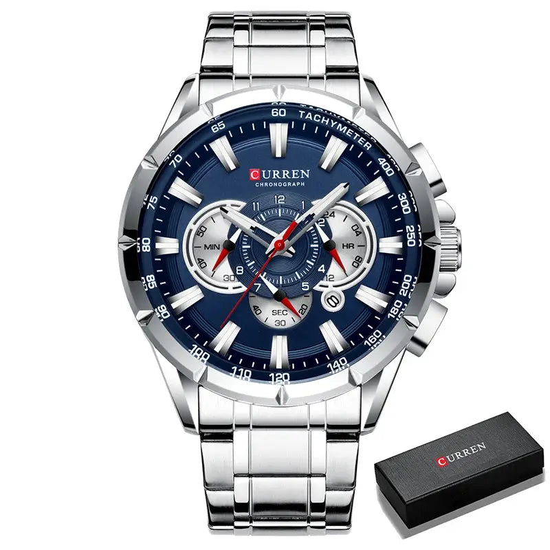 Curren men's stainless steel chronograph watch with blue dial and tachymeter bezel; includes box
