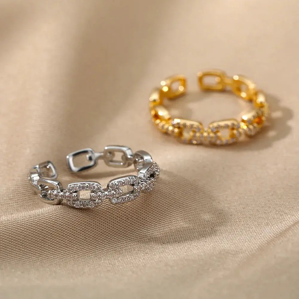 Classic Zircon Twist Chain Ring For Women Stainless Steel 18K Gold Plated Wedding Jewelry Gift Free Shipping