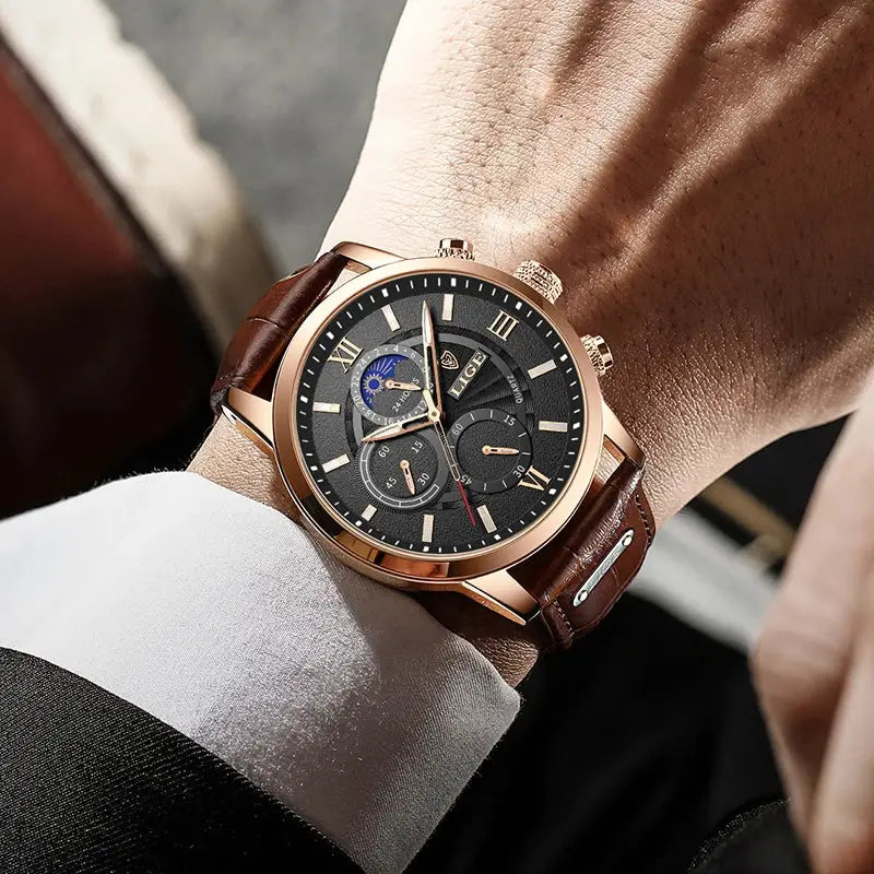 LIGE men's luxury leather chronograph watch with rose-gold case, black dial and brown leather strap