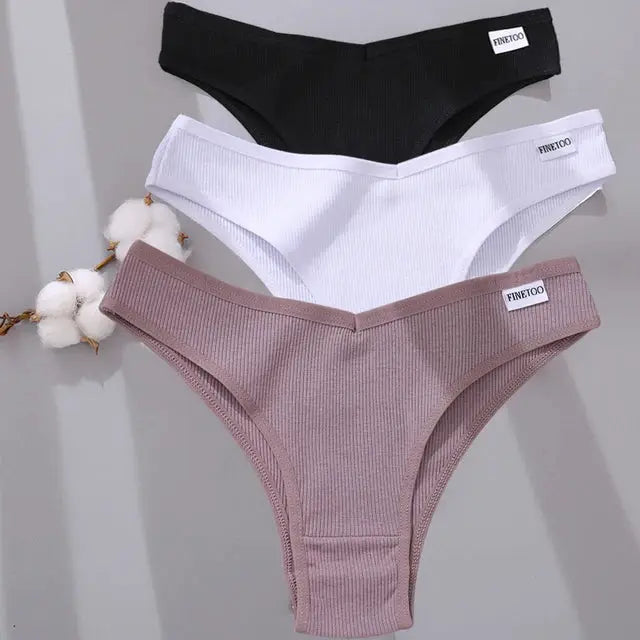 FINETOO cotton Brazilian panties 3-pack in black, white, and dusty pink