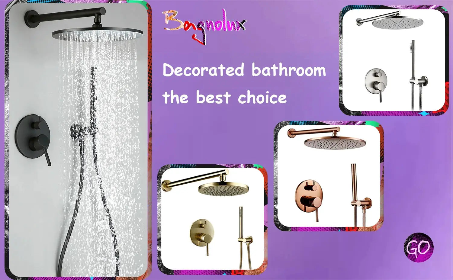 Bagnolux bathroom shower fixtures collage with rainfall head and gold, rose-gold, and black finishes on purple background.