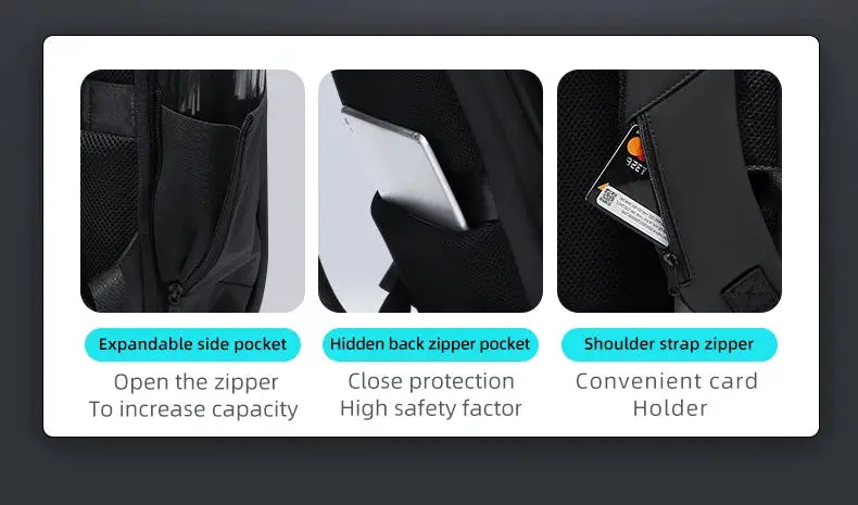 Fenruien Brand black laptop backpack with expandable side pocket and hidden back zipper pocket