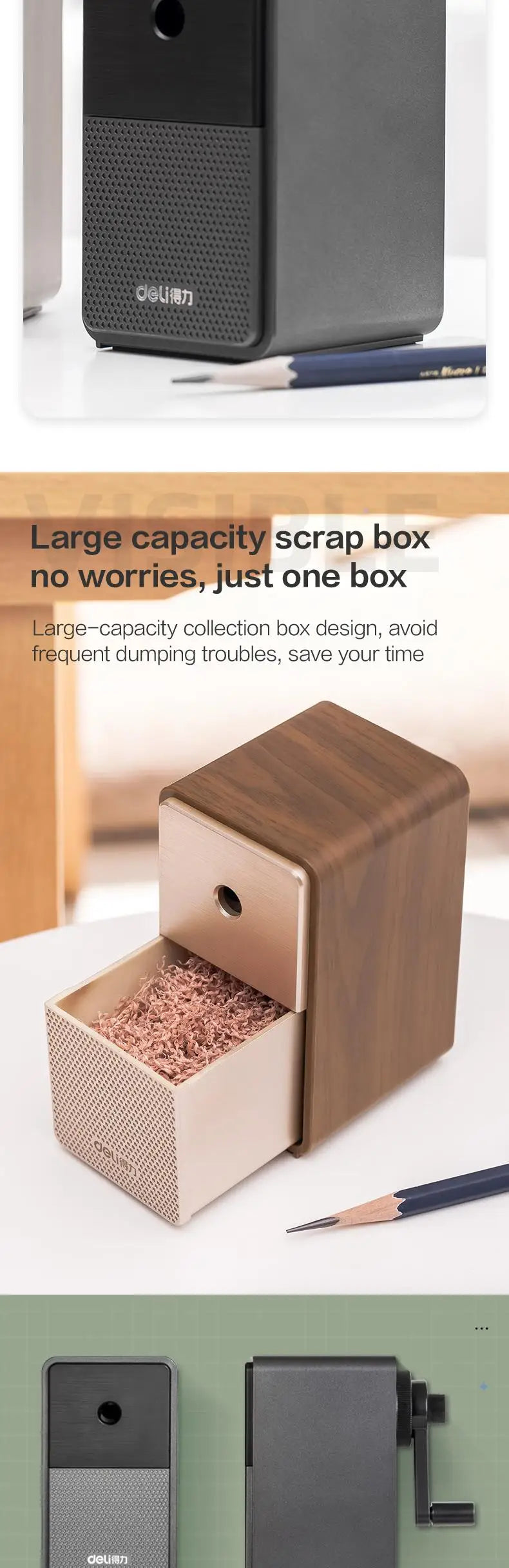DELI adjustable pencil sharpener set of 3 with long-lasting blade; hand-crank desk models in black and wood finishes
