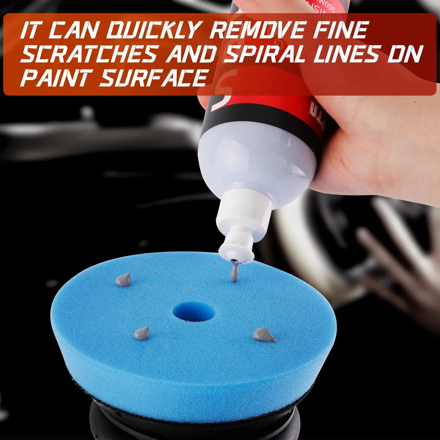 SPTA car scratch remover polishing wax by Simples Market dispensed onto a blue foam polishing pad