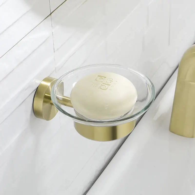 Glass soap dish with brushed gold wall-mount holder for bathroom decor