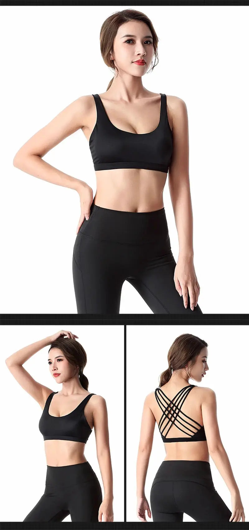 Fitness sports bra by Simples Market, black with push-up support and cross-back straps