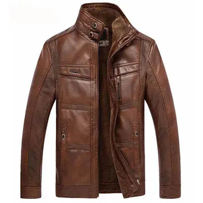 Leather jacket for men by Simples Market in brown with faux fur lining and zip pockets