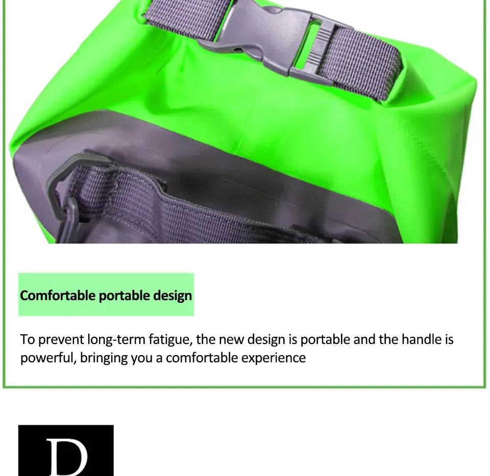 Simples Market PVC waterproof dry bag; neon green with gray double-shoulder strap and buckle