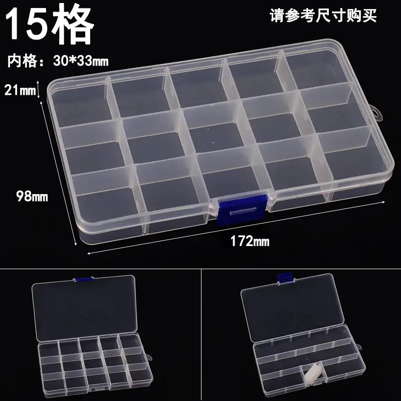 Clear plastic 15-slot jewelry and small-parts organizer with blue latch
