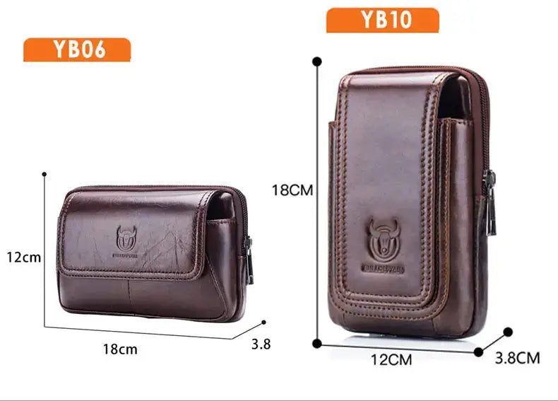 BULLCAPTAIN men's brown leather belt waist bag with zip pockets, two-angle display, Simples Market