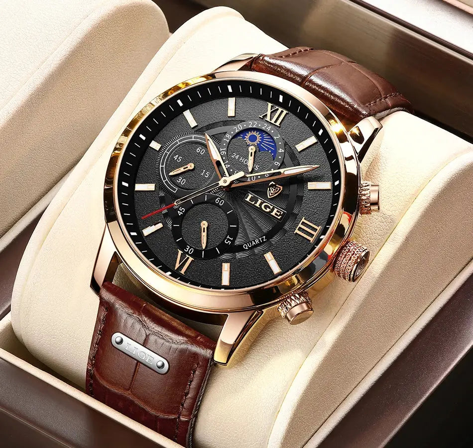 LIGE men's luxury quartz watch with rose-gold case, black dial, brown leather strap in a presentation box