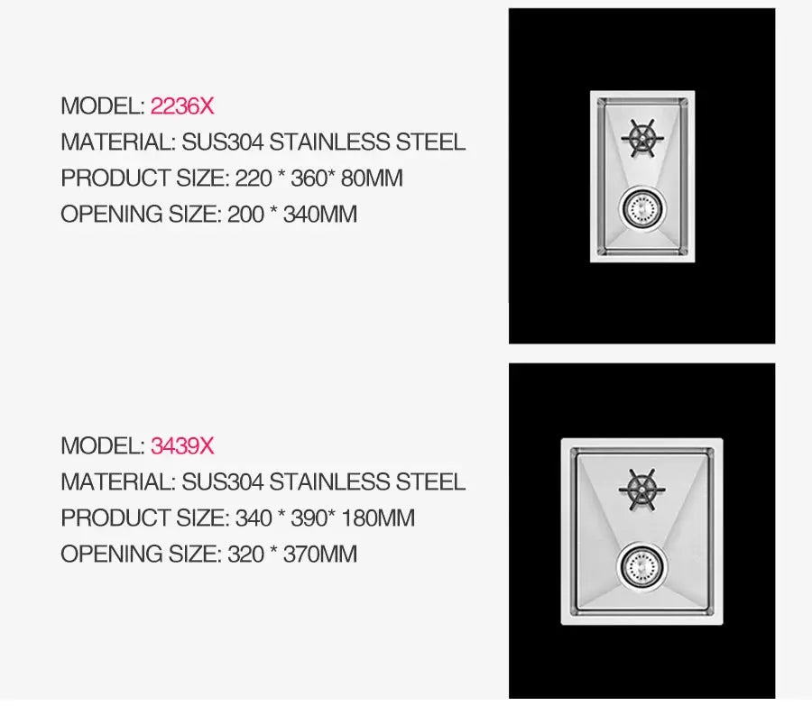 Cup washer bar sinks, brushed 304 stainless steel, 4mm thick; models 2236X and 3439X