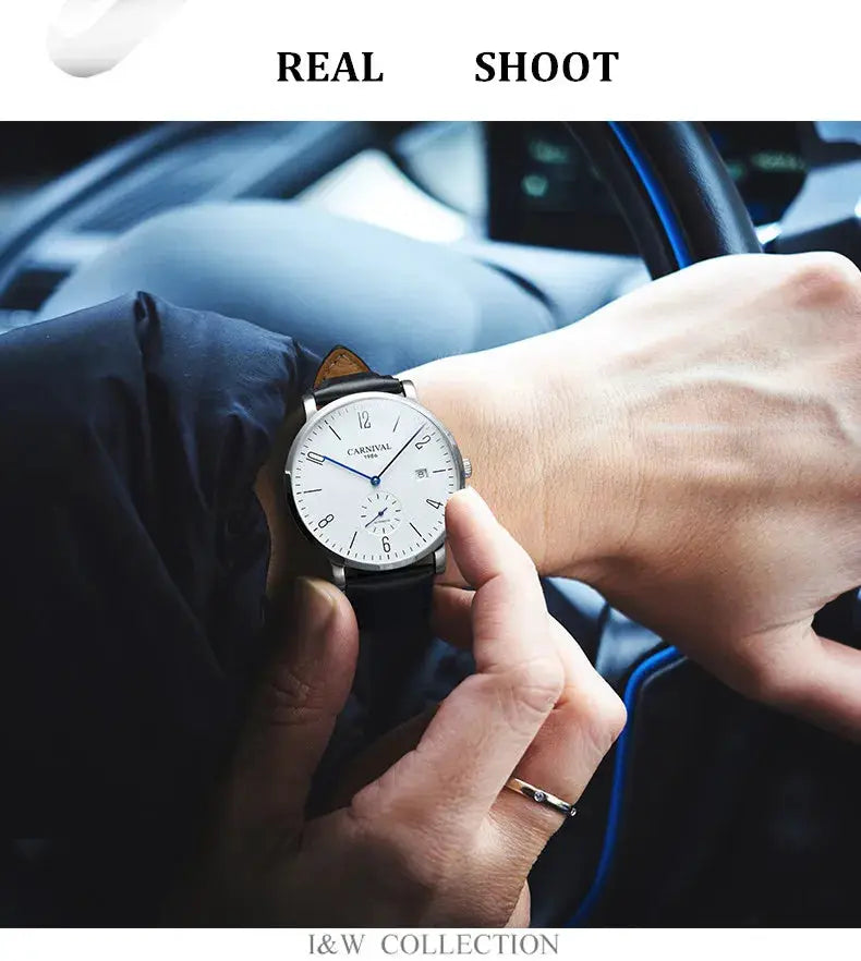 Carnival men's wristwatch with white dial, silver case and black leather strap