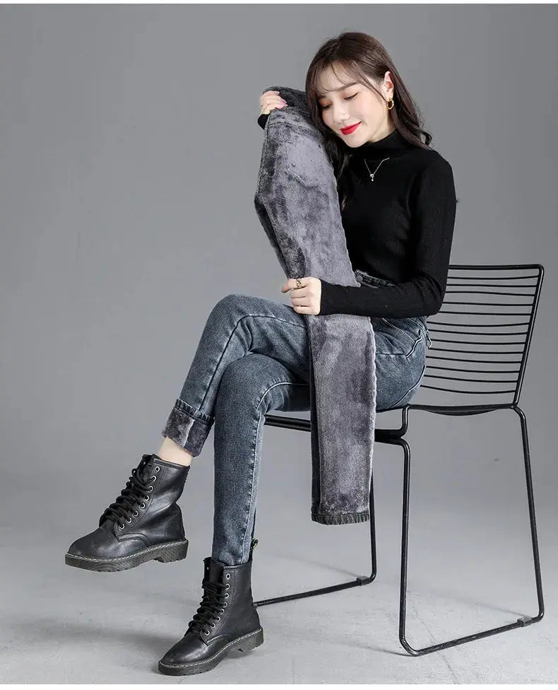 Thermal Winter Thick Fleece High Waist Stretch Skinny Jeans For Women