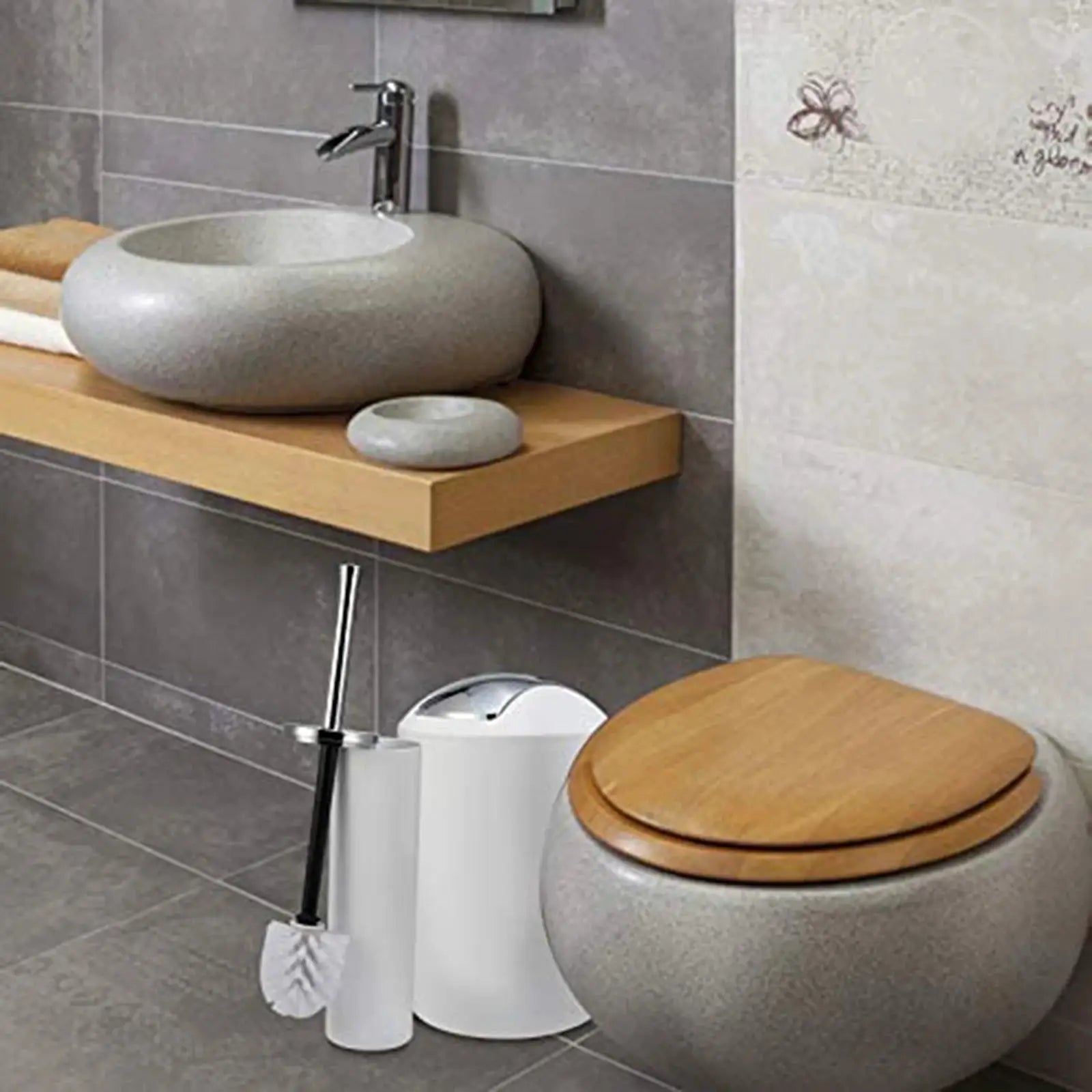 6-piece gray stone bathroom accessories set with wooden accents