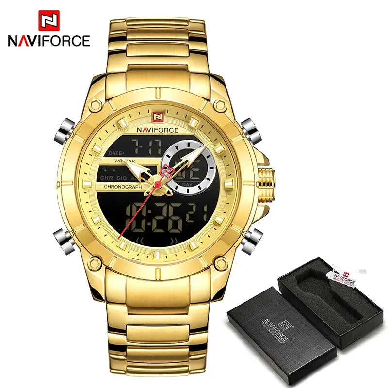 Naviforce 9163 Luxury Sport Mens Wristwatch With Dual Analog Digital Display Stainless Steel Water Resistant