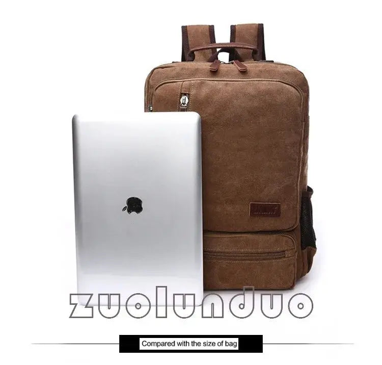 Vintage brown canvas backpack with laptop compartment, large capacity travel bag.
